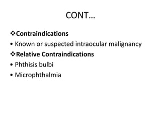 CONT…
Contraindications
• Known or suspected intraocular malignancy
Relative Contraindications
• Phthisis bulbi
• Microp...