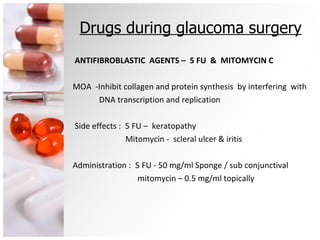 Drugs during glaucoma surgery ANTIFIBROBLASTIC  AGENTS –  5 FU  &  MITOMYCIN C MOA  -Inhibit collagen and protein synthesis  by interfering  with  DNA transcription and replication Side effects :  5 FU –  keratopathy  Mitomycin -  scleral ulcer & iritis Administration :  5 FU - 50 mg/ml Sponge / sub conjunctival mitomycin – 0.5 mg/ml topically 