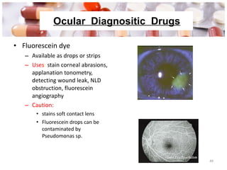 Ocular diagnostic drugs Fluorescein dye Available as drops or strips  Uses :  stain corneal abrasions, applanation tonometry, detecting wound leak, NLD obstruction, fluorescein angiography Caution: stains soft contact lens Fluorescein drops can be contaminated by Pseudomonas sp. Ocular  Diagnositic  Drugs 