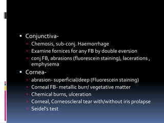  Conjunctiva-
 Chemosis, sub-conj. Haemorrhage
 Examine fornices for any FB by double eversion
 conj FB, abrasions (fluorescein staining), lacerations ,
emphysema
 Cornea-
 abrasion- superficial/deep (Fluorescein staining)
 Corneal FB- metallic burr/ vegetative matter
 Chemical burns, ulceration
 Corneal, Corneoscleral tear with/without iris prolapse
 Seidel’s test
 