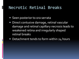 Necrotic Retinal Breaks
 Seen posterior to ora serrata
 Direct contusive damage, retinal vascular
damage and retinal capillary necrosis leads to
weakened retina and irregularly shaped
retinal breaks
 Detachment tends to form within 24 hours
 