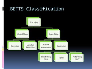 Eye Injury
ClosedGlobe
Contusion
Lamellar
Laceration
Open Globe
Rupture
Blunt trauma
Laceration
Penetrating
Injury
IOFB
Perforating
Injury
BETTS Classification
 