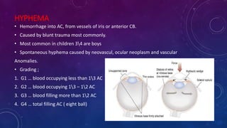 HYPHEMA
• Hemorrhage into AC, from vessels of iris or anterior CB.
• Caused by blunt trauma most commonly.
• Most common in children 34 are boys
• Spontaneous hyphema caused by neovascul, ocular neoplasm and vascular
Anomalies.
• Grading ;
1. G1 … blood occupying less than 13 AC
2. G2 … blood occupying 13 – 12 AC
3. G3 … blood filling more than 12 AC
4. G4 … total filling AC ( eight ball)
 