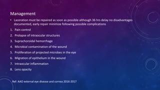 Management
• Laceration must be repaired as soon as possible although 36 hrs delay no disadvantages
documented, early repair minimize following possible complications
1. Pain control
2. Prolapse of intraocular structures
3. Suprachoroidal hemorrhage
4. Microbial contamination of the wound
5. Proliferation of projected microbes in the eye
6. Migration of epithelium in the wound
7. Intraocular inflammation
8. Lens opacity
Ref: AAO external eye disease and cornea 2016-2017
 