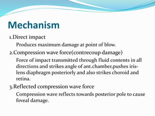 Mechanism
1.Direct impact
Produces maximum damage at point of blow.
2.Compression wave force(contrecoup damage)
Force of impact transmitted through fluid contents in all
directions and strikes angle of ant.chamber,pushes iris-
lens diaphragm posteriorly and also strikes choroid and
retina.
3.Reflected compression wave force
Compression wave reflects towards posterior pole to cause
foveal damage.
 