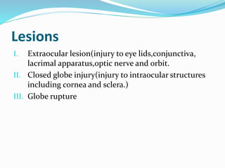 Lesions
I. Extraocular lesion(injury to eye lids,conjunctiva,
lacrimal apparatus,optic nerve and orbit.
II. Closed globe injury(injury to intraocular structures
including cornea and sclera.)
III. Globe rupture
 