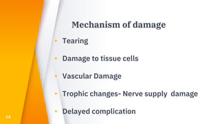 Mechanism of damage
▸ Tearing
▸ Damage to tissue cells
▸ Vascular Damage
▸ Trophic changes- Nerve supply damage
▸ Delayed complication
14
 
