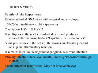 HERPES VIRUS 
Family- Alpha herpes virus 
Double stranded DNA virus with a capsid and envelope. 
150-200nm in diameter, 162 capsomeres 
2 subtypes- HSV 1 & HSV 2 
It multiplies in the nuclei of infected cells and produces 
intracellular inclusion bodies “Lipschutz inclusion bodies” 
Virus proliferates in the cells of the stroma and keratocytes and 
sets up an inflammatory reaction. 
It remains latent in the trigeminal ganglion- recurrent infection. 
Primary infection- face, eye, mouth( 6mth-5yrs/newborns through 
mother) 
Latent infection-reactivation. May not involve the eye 
 