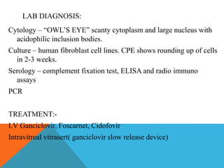 LAB DIAGNOSIS: 
Cytology – “OWL’S EYE” scanty cytoplasm and large nucleus with 
acidophilic inclusion bodies. 
Culture – human fibroblast cell lines. CPE shows rounding up of cells 
in 2-3 weeks. 
Serology – complement fixation test, ELISA and radio immuno 
assays 
PCR 
TREATMENT:- 
I.V Ganciclovir, Foscarnet, Cidofovir 
Intravitreal vitrasert( ganciclovir slow release device) 
 
