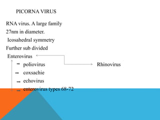 PICORNA VIRUS 
RNA virus. A large family 
27nm in diameter. 
Icosahedral symmetry 
Further sub divided 
Enterovirus 
poliovirus Rhinovirus 
coxsachie 
echovirus 
enterovirus types 68-72 
 