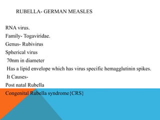 RUBELLA- GERMAN MEASLES 
RNA virus. 
Family- Togaviridae. 
Genus- Rubivirus 
Spherical virus 
70nm in diameter 
Has a lipid envelope which has virus specific hemagglutinin spikes. 
It Causes- 
Post natal Rubella 
Congenital Rubella syndrome{CRS} 
 