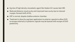 ■ Eg:Use of high density viscoelastic agent like Healon GV causes late CBS
■ Reduced distance visual acuity and improved near acuity due to induced
myopia :forward shift of IOL.
■ IOP is normal, despite shallow anterior chamber.
■ Treatment is done by yag laser application to anterior capsule to allow OVD
to escape anteriorly or posterior capsule may be lasered with escape of OVD
posteriorly.
 