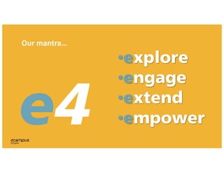e4
•explore
•engage
•extend
•empower
Our	mantra…
 