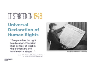 PD-US via Wikimedia Commons
“Everyone has the right
to education. Education
shall be free, at least in
the elementary and
fundamental stages…”
Source: United Nations, 1948, Universal Declaration
of Human Rights Article 26, paragraph 1
Universal
Declaration of
Human Rights
It started in 1948
 