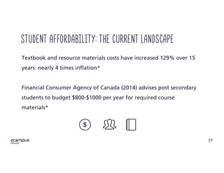 77
ontario
Textbook and resource materials costs have increased 129% over 15
years: nearly 4 times inflation*
Financial Consumer Agency of Canada (2014) advises post secondary
students to budget $800-$1000 per year for required course
materials*
Student Affordability: the current landscape
 