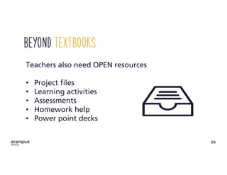 84
ontario
Beyond textbooks
Teachers also need OPEN resources
• Project files
• Learning activities
• Assessments
• Homework help
• Power point decks
 