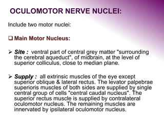 OCULOMOTOR NERVE NUCLEI:
Include two motor nuclei:
 Main Motor Nucleus:
 Site : ventral part of central grey matter "surrounding
the cerebral aqueduct", of midbrain, at the level of
superior colliculus, close to median plane.
 Supply : all extrinsic muscles of the eye except
superior oblique & lateral rectus. The levator palpebrae
superioris muscles of both sides are supplied by single
central group of cells "central caudal nucleus". The
superior rectus muscle is supplied by contralateral
oculomotor nucleus. The remaining muscles are
innervated by ipsilateral oculomotor nucleus.
 