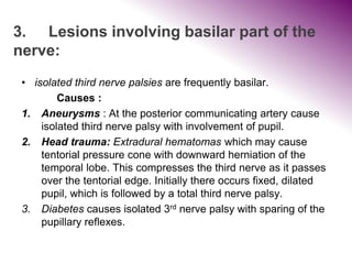 3. Lesions involving basilar part of the
nerve:
• isolated third nerve palsies are frequently basilar.
Causes :
1. Aneurysms : At the posterior communicating artery cause
isolated third nerve palsy with involvement of pupil.
2. Head trauma: Extradural hematomas which may cause
tentorial pressure cone with downward herniation of the
temporal lobe. This compresses the third nerve as it passes
over the tentorial edge. Initially there occurs fixed, dilated
pupil, which is followed by a total third nerve palsy.
3. Diabetes causes isolated 3rd nerve palsy with sparing of the
pupillary reflexes.
 