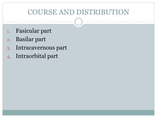 COURSE AND DISTRIBUTION
1. Fasicular part
2. Basilar part
3. Intracavernous part
4. Intraorbital part
 