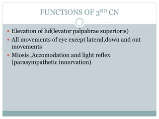 FUNCTIONS OF 3RD CN
 Elevation of lid(levator palpabrae superioris)
 All movements of eye except lateral,down and out
movements
 Miosis ,Accomodation and light reflex
(parasympathetic innervation)
 