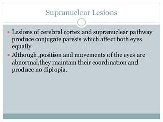 Supranuclear Lesions
 Lesions of cerebral cortex and supranuclear pathway
produce conjugate paresis which affect both eyes
equally
 Although ,position and movements of the eyes are
abnormal,they maintain their coordination and
produce no diplopia.
 