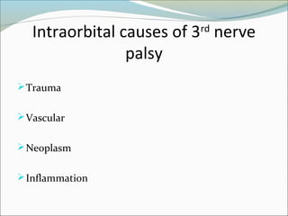 Intraorbital causes of 3rd
nerve
palsy
Trauma
Vascular
Neoplasm
Inflammation
 
