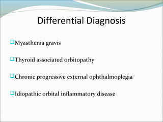Differential Diagnosis
Myasthenia gravis
Thyroid associated orbitopathy
Chronic progressive external ophthalmoplegia
Idiopathic orbital inflammatory disease
 