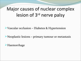 Major causes of nuclear complex
lesion of 3rd
nerve palsy
Vascular occlusion – Diabetes & Hypertension
Neoplastic lesions – primary tumour or metastasis
Haemorrhage
 