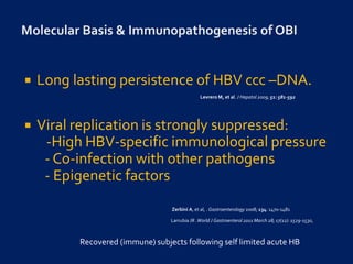  Long lasting persistence of HBV ccc –DNA.
Levrero M, et al. J Hepatol 2009; 51: 581-592
 Viral replication is strongly suppressed:
-High HBV-specific immunological pressure
- Co-infection with other pathogens
- Epigenetic factors
Zerbini A, et al, . Gastroenterology 2008; 134: 1470-1481
Larrubia JR .World J Gastroenterol 2011 March 28; 17(12): 1529-1530,
Recovered (immune) subjects following self limited acute HB
 