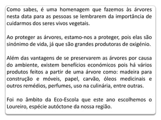 Como sabes, é uma homenagem que fazemos às árvores nesta data para as pessoas se lembrarem da importância de cuidarmos dos seres vivos vegetais.Ao proteger as árvores, estamo-nos a proteger, pois elas são sinónimo de vida, já que são grandes produtoras de oxigénio.Além das vantagens de se preservarem as árvores por causa do ambiente, existem benefícios económicos pois há vários produtos feitos a partir de uma árvore como: madeira para construção e móveis, papel, carvão, óleos medicinais e outros remédios, perfumes, uso na culinária, entre outras.Foi no âmbito da Eco-Escola que este ano escolhemos o Loureiro, espécie autóctone da nossa região.