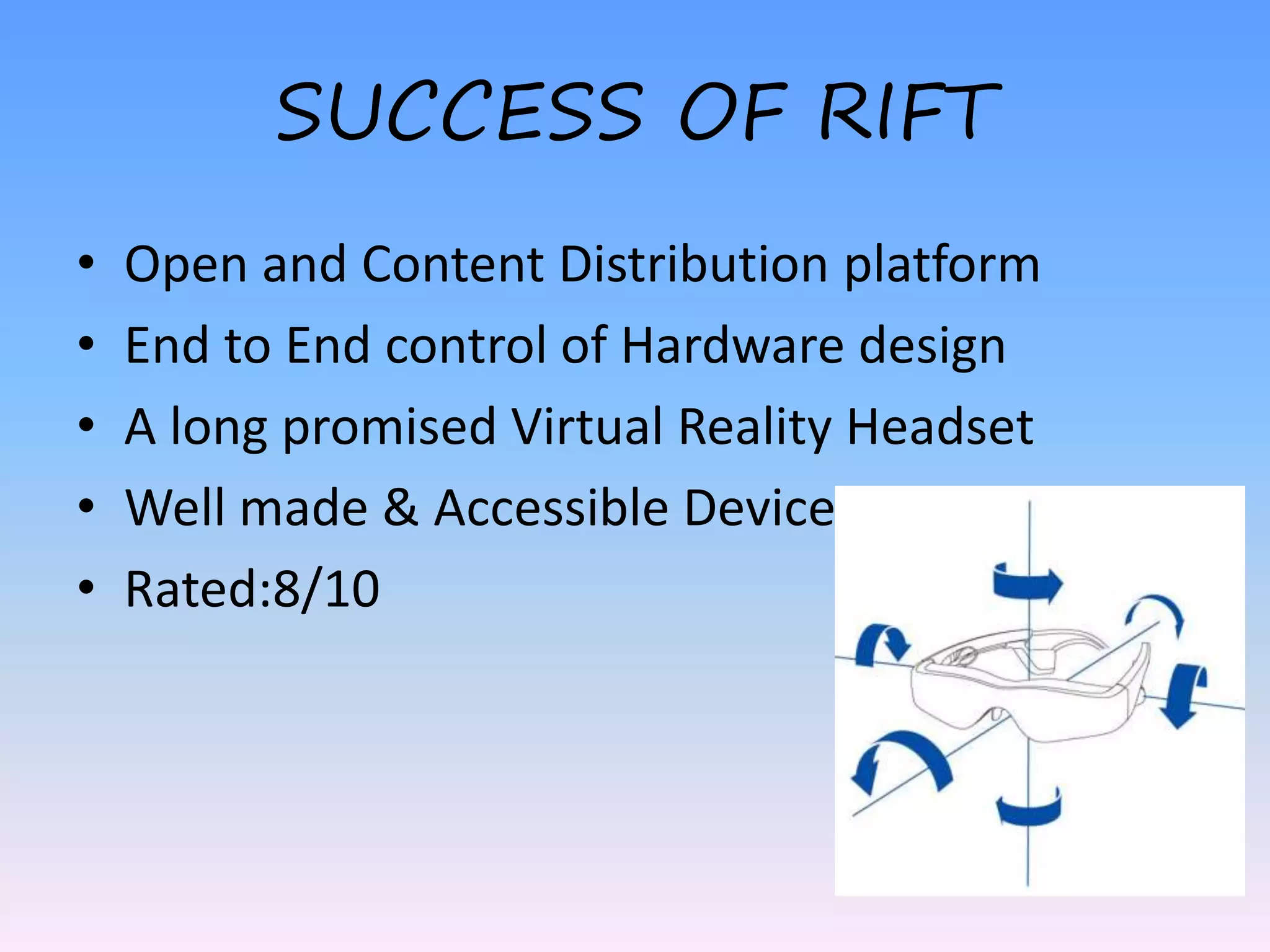 SUCCESS OF RIFT
• Open and Content Distribution platform
• End to End control of Hardware design
• A long promised Virtual Reality Headset
• Well made & Accessible Device
• Rated:8/10