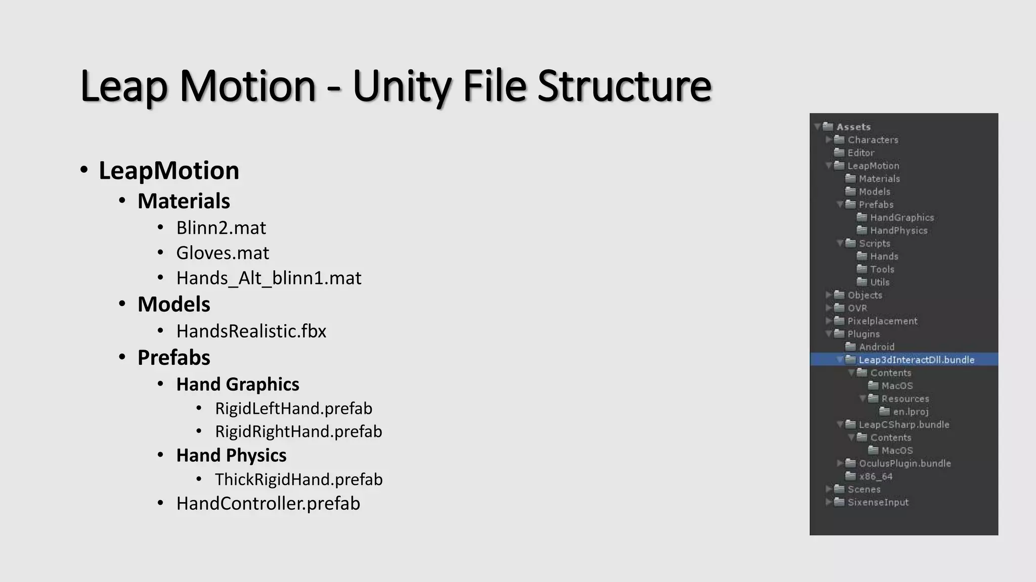 Leap Motion - Unity File Structure 
• LeapMotion 
• Materials 
• Blinn2.mat 
• Gloves.mat 
• Hands_Alt_blinn1.mat 
• Models 
• HandsRealistic.fbx 
• Prefabs 
• Hand Graphics 
• RigidLeftHand.prefab 
• RigidRightHand.prefab 
• Hand Physics 
• ThickRigidHand.prefab 
• HandController.prefab 
 