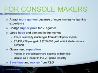 FOR CONSOLE MAKERS


Attract more gamers because of more immersive gaming
experience



Charge higher price for VR games



Large hype and demand in the market





There is already much hype from developers, media
$2,437,429 pledged of $250,000 goal in Kickstarter shows
demand

Guaranteed reputation





People in the company are experts in their field
Oculus as a leader in the VR game industry

Save time and money from R&D

VALUE PROPOSITION

22 /
42

 