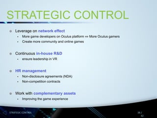 STRATEGIC CONTROL


Leverage on network effect





More game developers on Oculus platform ⇔ More Oculus gamers
Create more community and online games

Continuous in-house R&D




ensure leadership in VR

HR management





Non-disclosure agreements (NDA)
Non-competition contracts

Work with complementary assets


Improving the game experience

STRATEGIC CONTROL

38 /
42

 