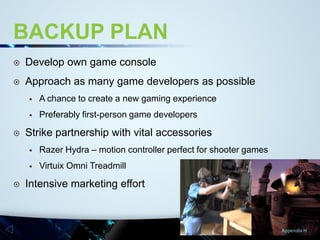 BACKUP PLAN


Develop own game console



Approach as many game developers as possible





A chance to create a new gaming experience

Preferably first-person game developers

Strike partnership with vital accessories





Razer Hydra – motion controller perfect for shooter games
Virtuix Omni Treadmill

Intensive marketing effort

Appendix H

 