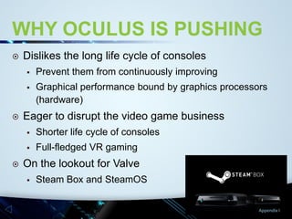 WHY OCULUS IS PUSHING


Dislikes the long life cycle of consoles





Prevent them from continuously improving
Graphical performance bound by graphics processors
(hardware)

Eager to disrupt the video game business






Shorter life cycle of consoles

Full-fledged VR gaming

On the lookout for Valve


Steam Box and SteamOS
Appendix I

 