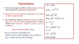 1
NA  n1 2
NA  n 2
2
 
n1  n2
n1
NA  n1(n1  n2 )
n1  n2
1 2
(n1  n2 )(n1  n2 )
NA  n 2
n 2
NA
NA  sinmax
 The numerical aperture (NA) of a fiber is a figure of merit
which represents its light gathering capability.
 Larger the numerical aperture, the greater the amount
of light accepted by fiber.
 The acceptance angle also determines how much light is
able to be enter the fiber and hence there is relation
between the numerical aperture and the cone of
acceptance.
Numerical aperture (NA) = sinmax
 
