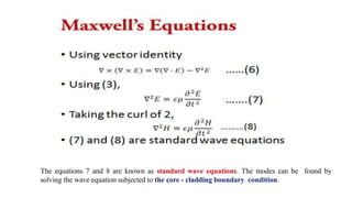 The equations 7 and 8 are known as standard wave equations. The modes can be found by
solving the wave equation subjected to the core - cladding boundary condition.
 