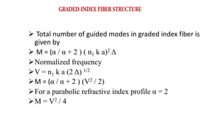  Total number of guided modes in graded index fiber is
given by
 M = (α / α + 2 ) ( n1 k a)2 Δ
Normalized frequency
V = n1 k a (2 Δ) 1/2
M = (α / α + 2 ) (V2 / 2)
For a parabolic refractive index profile α = 2
M = V2 / 4
 