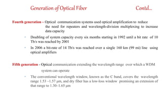 Generation of Optical Fiber Contd…
Fourth generation – Optical communication systems used optical amplification to reduce
the need for repeaters and wavelength-division multiplexing to increase
data capacity
• Doubling of system capacity every six months starting in 1992 until a bit rate of 10
Tb/s was reached by 2001
• In 2006 a bit-rate of 14 Tb/s was reached over a single 160 km (99 mi) line using
optical amplifiers
Fifth generation - Optical communication extending the wavelength range over which a WDM
system can operate
• The conventional wavelength window, known as the C band, covers the wavelength
range 1.53 –1.57 μm, and dry fiber has a low-loss window promising an extension of
that range to 1.30–1.65 μm
 