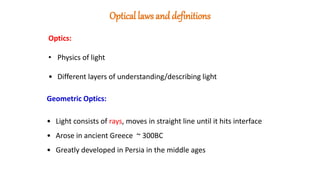 Optics:
• Physics of light
• Different layers of understanding/describing light
Geometric Optics:
• Light consists of rays, moves in straight line until it hits interface
• Arose in ancient Greece ~ 300BC
• Greatly developed in Persia in the middle ages
Optical laws anddefinitions
 