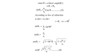 1
1
2
0
1
2
0
1
n1
n
n
sin90
n
n
n
n
c
c
c
c
c
m
n 2
n 2
0
According to law of refraction
n1 sini  n2 sin r

cos  1 2
............(4)
1sin2
  1(
n2
)2
n
cos 
sin 
sin 
i c  r  90
Cos  ................(3)
sin
when   critical angle(c )
i m
 