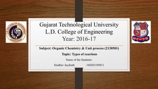 Gujarat Technological University
L.D. College of Engineering
Year: 2016-17
Subject: Organic Chemistry & Unit process (2130501)
Topic: Types of reactions
Name of the Students:
Sindhav Jaydrath 160283105011
 