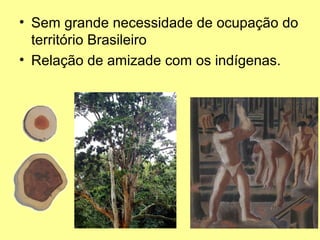 • Sem grande necessidade de ocupação do
  território Brasileiro
• Relação de amizade com os indígenas.
 