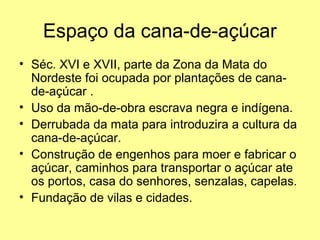 Espaço da cana-de-açúcar
• Séc. XVI e XVII, parte da Zona da Mata do
  Nordeste foi ocupada por plantações de cana-
  de-açúcar .
• Uso da mão-de-obra escrava negra e indígena.
• Derrubada da mata para introduzira a cultura da
  cana-de-açúcar.
• Construção de engenhos para moer e fabricar o
  açúcar, caminhos para transportar o açúcar ate
  os portos, casa do senhores, senzalas, capelas.
• Fundação de vilas e cidades.
 