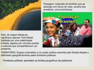 Paisagem: extensão de território que se
abrange num lance de vista, cenário dos
arredores, circunvizinhança.

País: de origem Medieval,
significava apenas Terra-Natal,
habitada por uma coletividade
limitada, ligados por vínculos sociais
e culturais que compartilhavam um
ambiente.
TERRITÓRIO: Espaço submetido a um poder político exercido pelo Estado-Nação e
delimitado geograficamente pelas fronteiras políticas.
Fronteiras políticas: assinalam os limites geográficos da soberania.

 