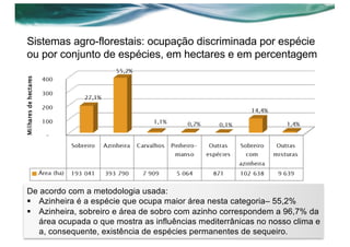 Sistemas agro-florestais: ocupação discriminada por espécie
ou por conjunto de espécies, em hectares e em percentagem
De acordo com a metodologia usada:
§ Azinheira é a espécie que ocupa maior área nesta categoria– 55,2%
§ Azinheira, sobreiro e área de sobro com azinho correspondem a 96,7% da
área ocupada o que mostra as influências mediterrânicas no nosso clima e
a, consequente, existência de espécies permanentes de sequeiro.
 