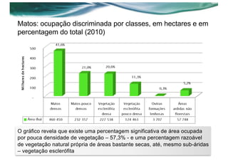 Matos: ocupação discriminada por classes, em hectares e em
percentagem do total (2010)
O gráfico revela que existe uma percentagem significativa de área ocupada
por pouca densidade de vegetação – 57,3% - e uma percentagem razoável
de vegetação natural própria de áreas bastante secas, até, mesmo sub-áridas
– vegetação esclerófita
 