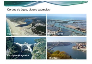 Corpos de água, alguns exemplos
Barragem da Aguieira
Barra de TaviraLagoa Melides
Rio Douro
 