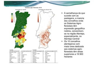 § À semelhança do que
sucede com as
pastagens, a maioria
dos concelhos onde
os Sistemas Agro-
florestais têm
expressão geográfica
notória, concentram-
se na região Alentejo,
especialmente, no
Alentejo Central
§ Os 10 concelhos
alentejanos com
maior área dedicada
aos sistemas agro-
florestais têm áreas
superiores a 19 900
hectares
 